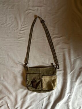 Olive Green Canvas Crossbody Bag with Striped Adjustable Strap & Fun Design